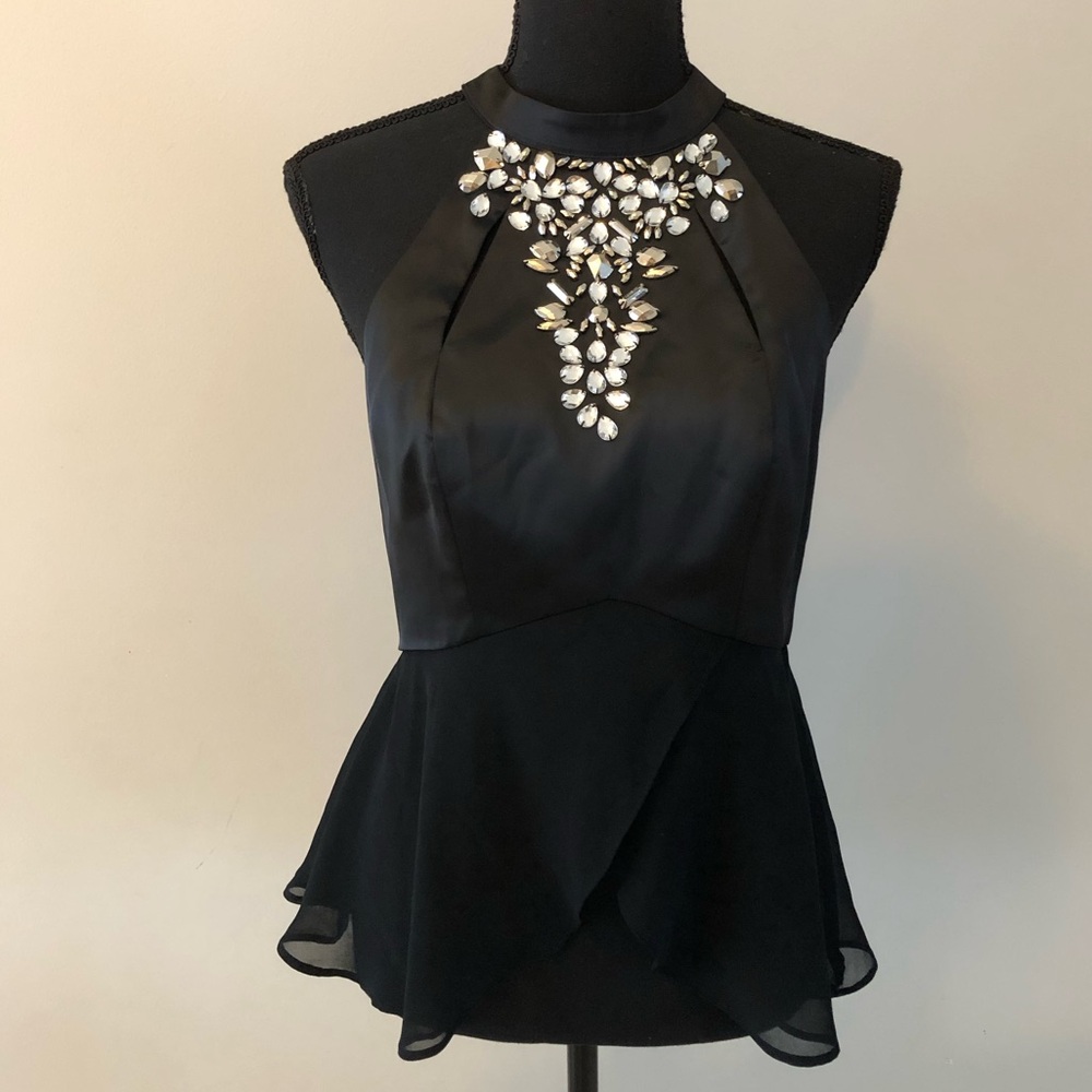 Women’s Bebe Black Sleeveless Halter Top with Front Jewel Embellishments size M